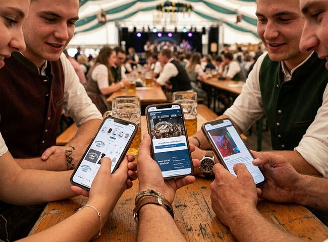 Junge Leute sitzen im Bierzelt auf einer Bierbank und sehen in Ihre Handys