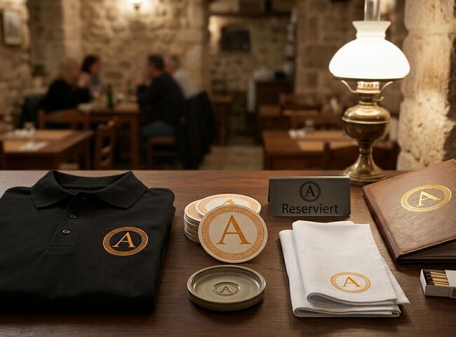 Verschiedene Sachen wie Poloshirt, Bierdeckel und Speisekarte mit Logo liegen auf einem Tisch