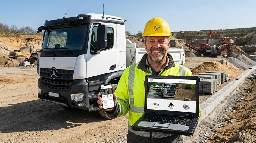 Ein Bauarbeiter steht vor einem LKW auf einer Baustelle und präsentiert Handy und Laptop