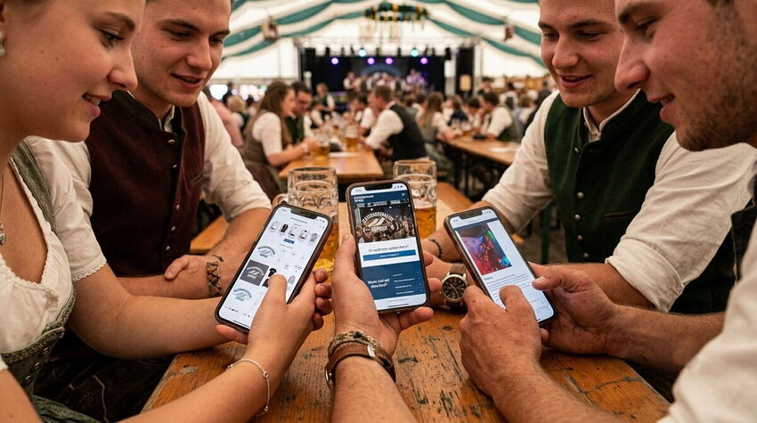 Junge Leute sitzen im Bierzelt auf einer Bierbank und sehen in Ihre Handys