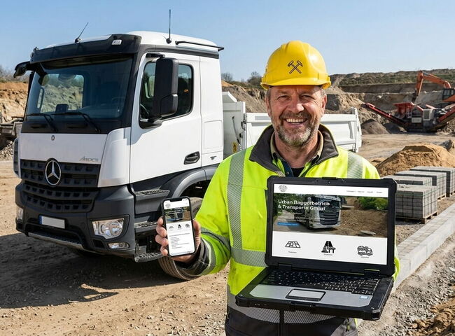Ein Bauarbeiter steht vor einem LKW auf einer Baustelle und präsentiert Handy und Laptop