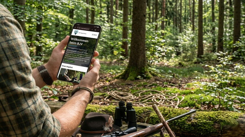 Ein Mann sitzt im Wald und informiert scrollt auf seinem Smartphone