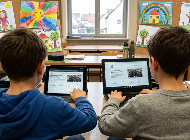 Zwei Schüler sitzen an einem Pult im Klassenzimmer und kucken in Laptop und Tablet