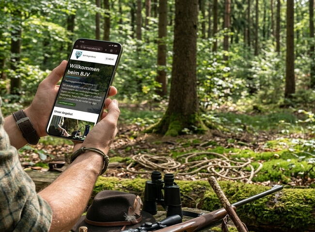 Ein Mann sitzt im Wald und informiert scrollt auf seinem Smartphone