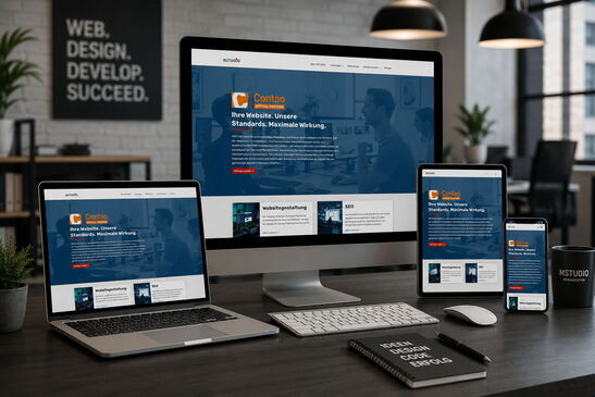 Startseite Website MSTUDiO Webagentur 2025 auf verschiedenen Displays in einem Büro